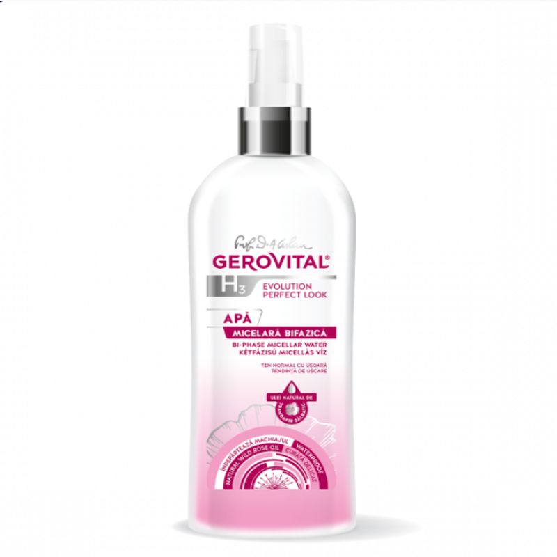 Gerovital H3 Evolution - Bi-Phase Micellar Water with Rose Oil – Gentle Cleansing & Waterproof Makeup Removal - 150ml